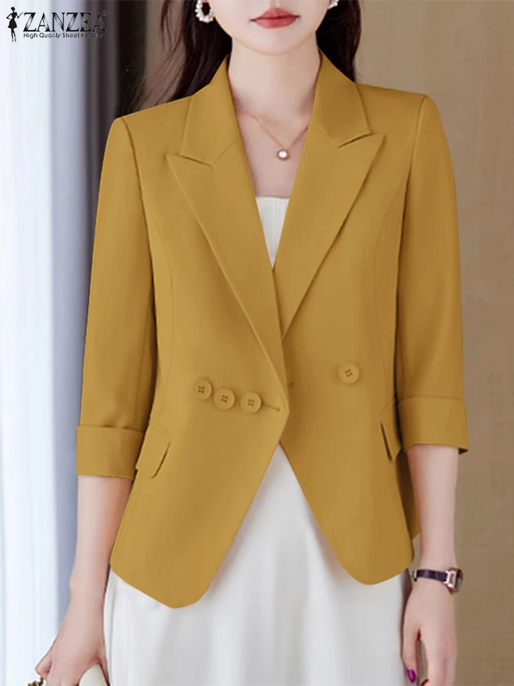 ZANZEA Vrouwen Revers Hals Colberts 3/4 Mouw Pendelen Classy Office Lady Blazer Effen Kleur Elegante Koreaanse Stijl Casual Blazer