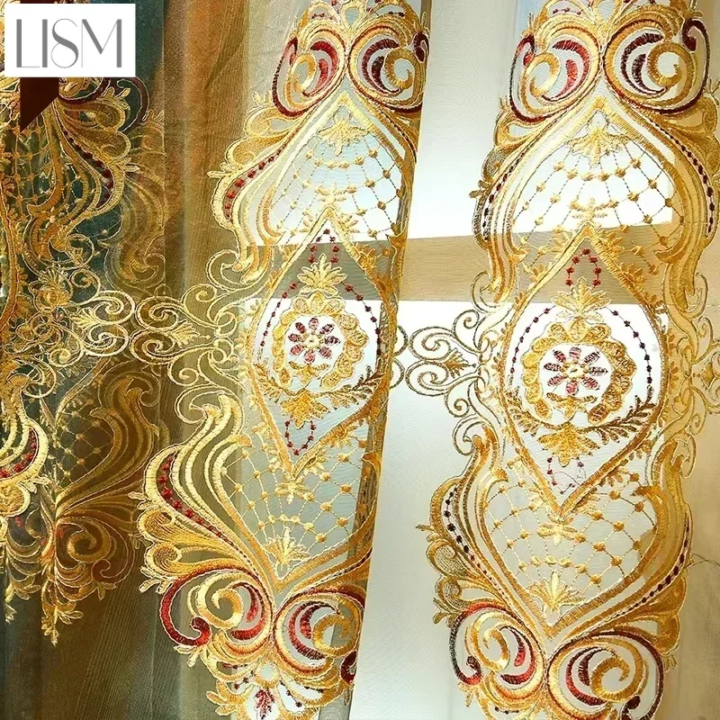 

European-style Luxury Curtain For Living Room Bedroom Dining High-end Chenille Gold Embroidered Window Screen Tulle Blackout