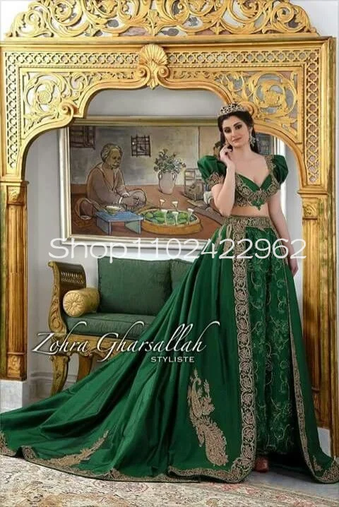 Hunter-vestido de novia de dos piezas, caftán indio, manga casquillo, Apliques de encaje dorado, Túnica de boda, tunisienne, color verde