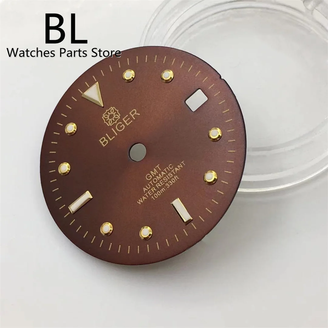 BLIGER 28.5mm Sterile Brown Watch Dial Green Luminous Fit NH34 NH35 ETA Miyota PT5000 Movement Date Function At 3 O\'clock