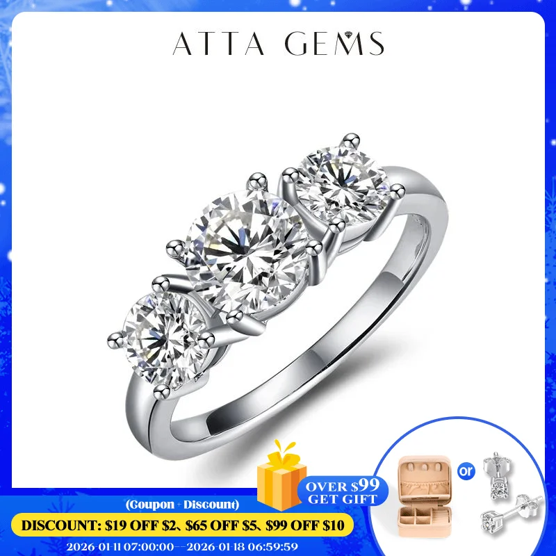 

ATTAGEMS 2.0ct D Color Round 18K White Gold Plated 925 Silver Moissanite Ring For Women Diamond Test Passed Woman Girl Gift