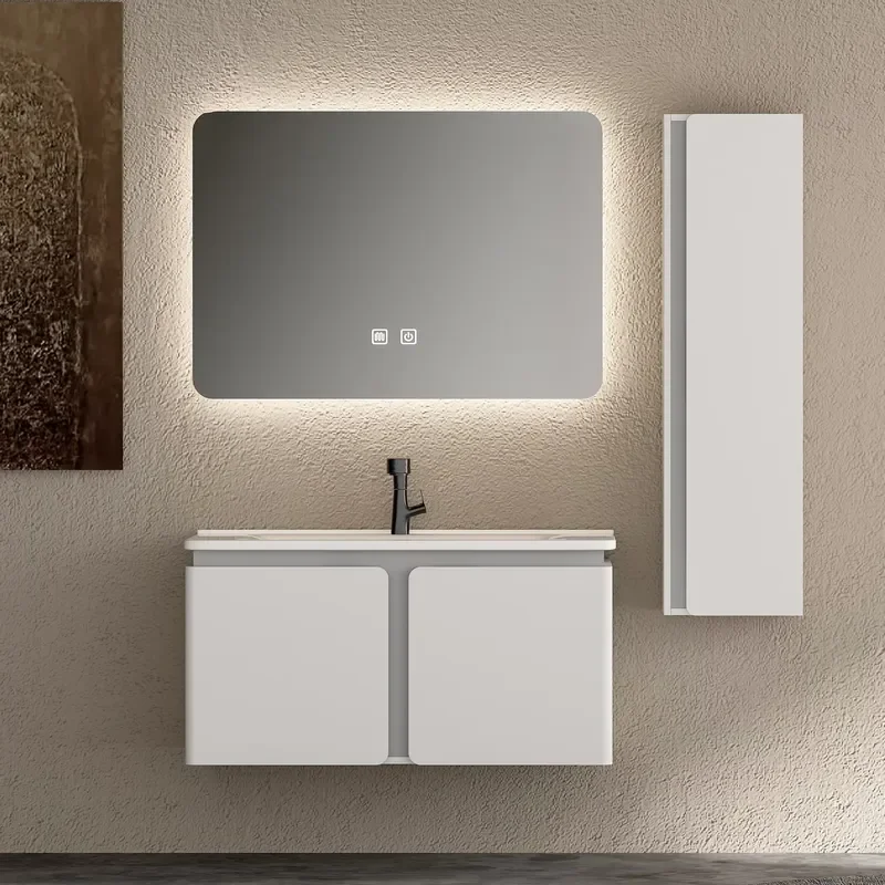 18MM PVC One-piece Baked Paint Wall Mounted Double Door Storage Cabinet LED Smart Mirror Wash Basin Wall Hung Bathroom Vanity