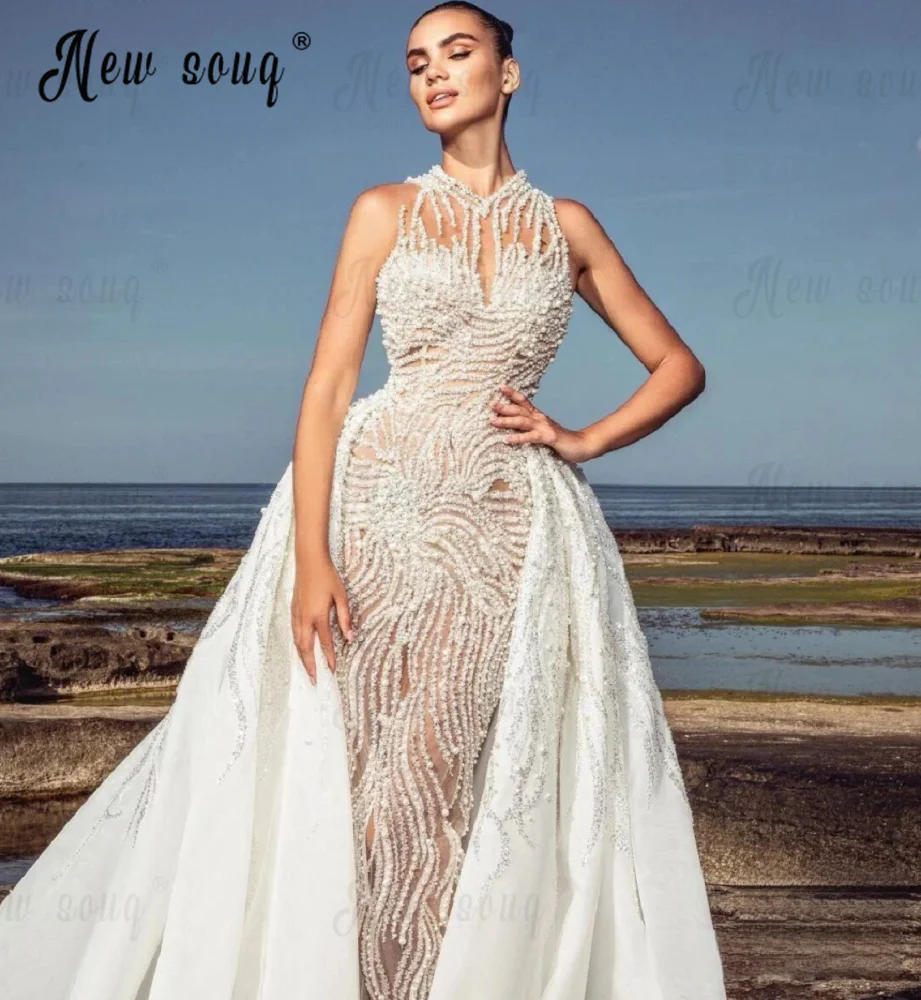 Vestido De Noiva Luxe Parels Trouwjurken Met Afneembare Trein Off Shoulder Elegante Bruidsjurken Robe De Mariée 2023