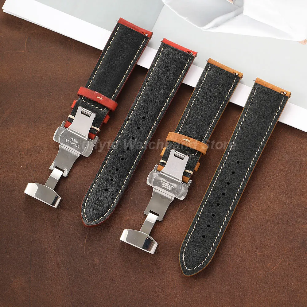 Crazy Horse Leather Watch Strap Quick Release Design Stainless Steel Butterfly Buckle 18/20/22mm Men's Watch Accessories image 6