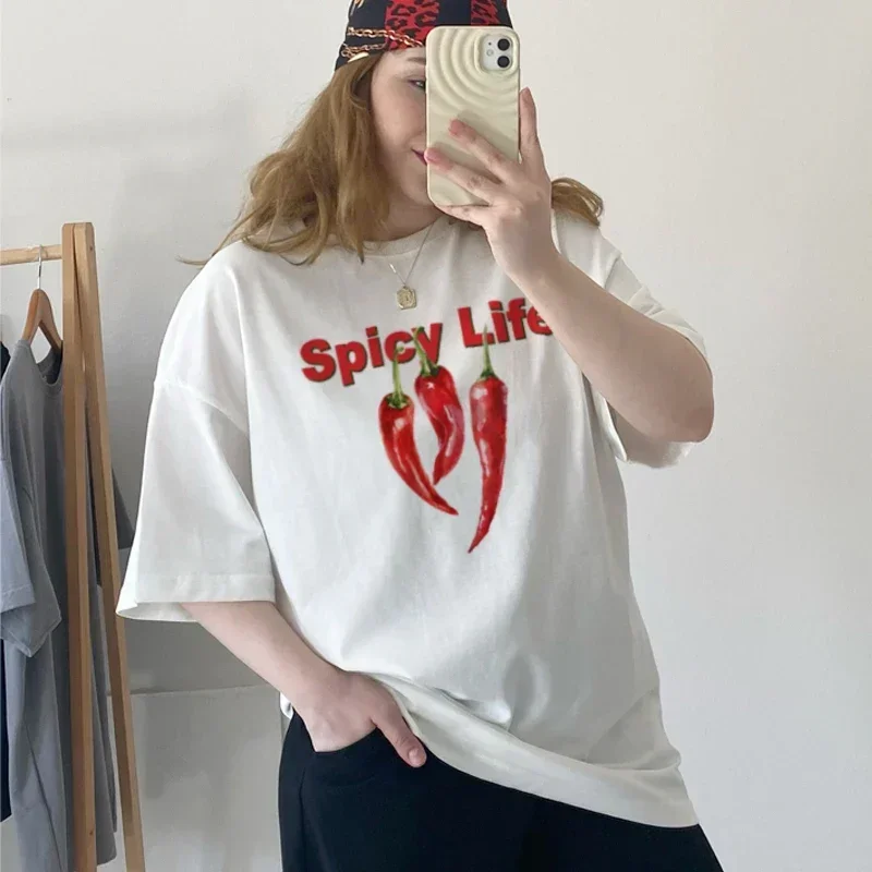 

Spicy Life Chili Pepper Printed T-Shirts Y2k Grunge Aesthetic Graphic Tees Funny Foodie Shirt Women Summer Loose Streetwear Tops