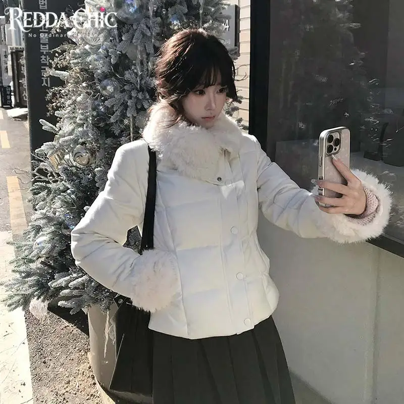 REDDACHiC Cute Sherpa Fleece Women Down Jacket Winter Warm Petite Quilted Button Down White Cropped Puffer Coat Trendy Outwear