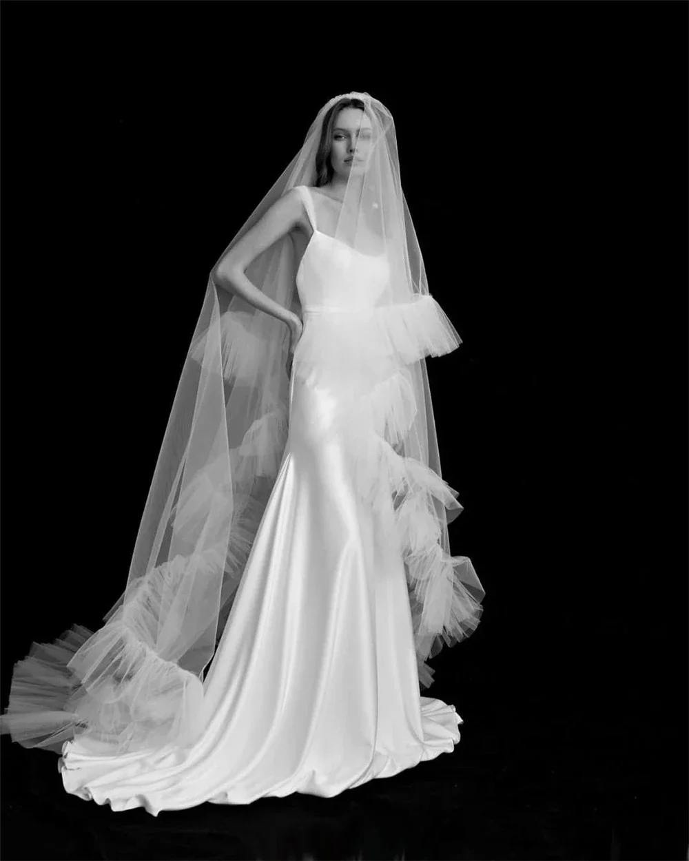 Long Ruffle Veil Bridal Veil with Blusher Bride Long 2 Tiers Puffy Ruffled Edge Soft Fluffy Wedding Veil Veu de Noiva