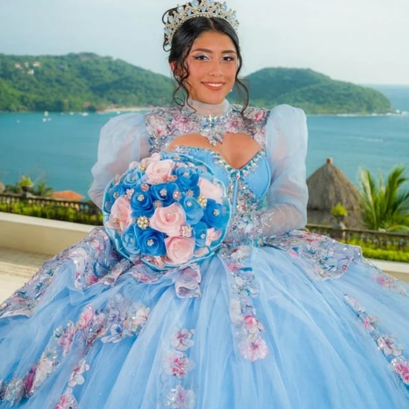 Błękitna suknia Quinceañera z odkrytymi ramionami, kryształkami, brokatem, kwiatowymi aplikacjami, warstwowa, z długim trenem, vestidos de 15 Quinceañera ﻿ Dostosuj