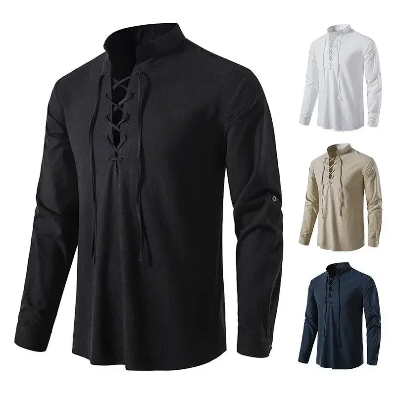 

Men's Retro Bandage Style Long-sleeved Top Medieval Lace up Stand Collar Men's Shirt Black White Solid Solid Shirt Male Clothing