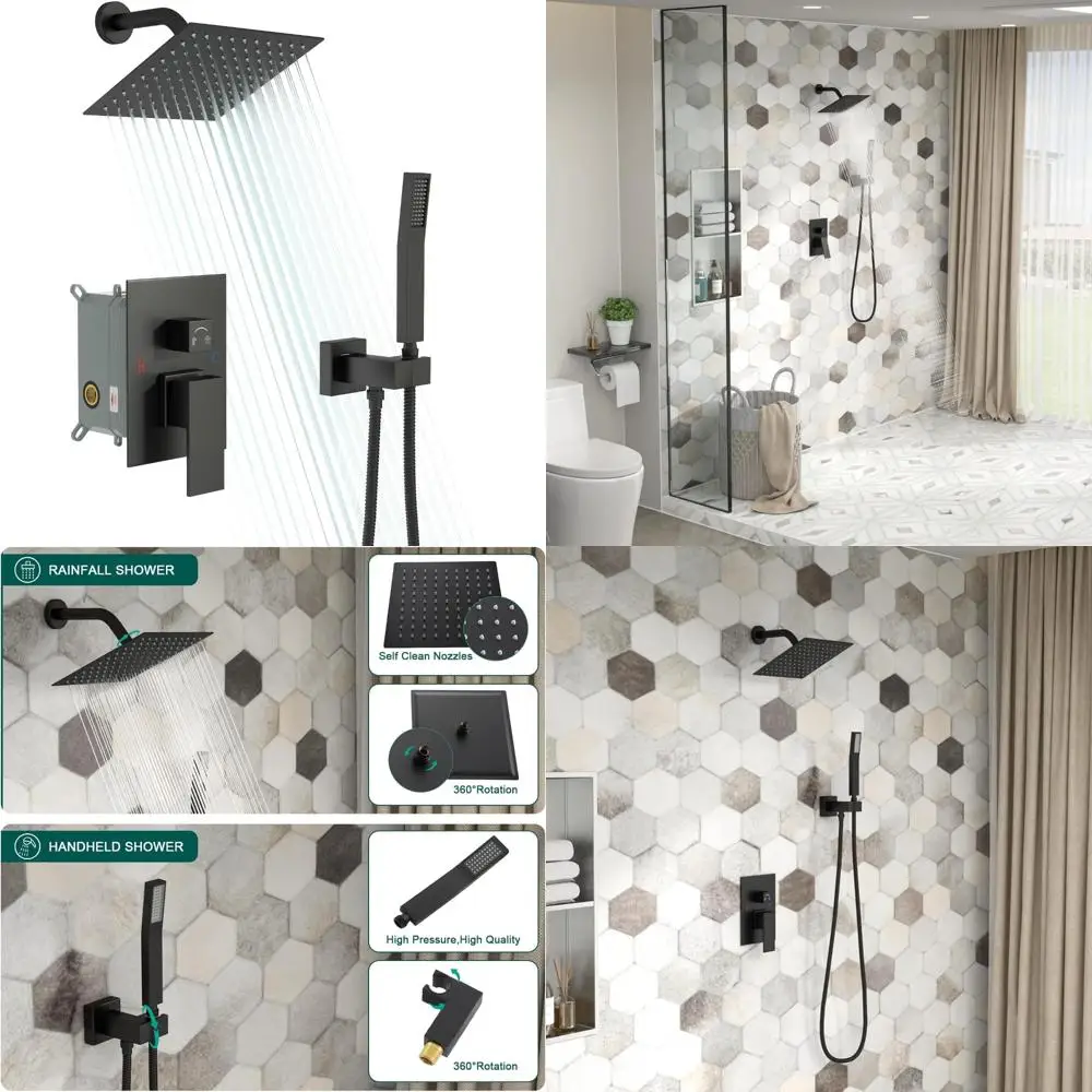 

Black 8 Inch Rainfall Shower Head with Wall-Mounted Shower Faucet Set, Modern Handle Set for Home Bathroom Shower Fixtures