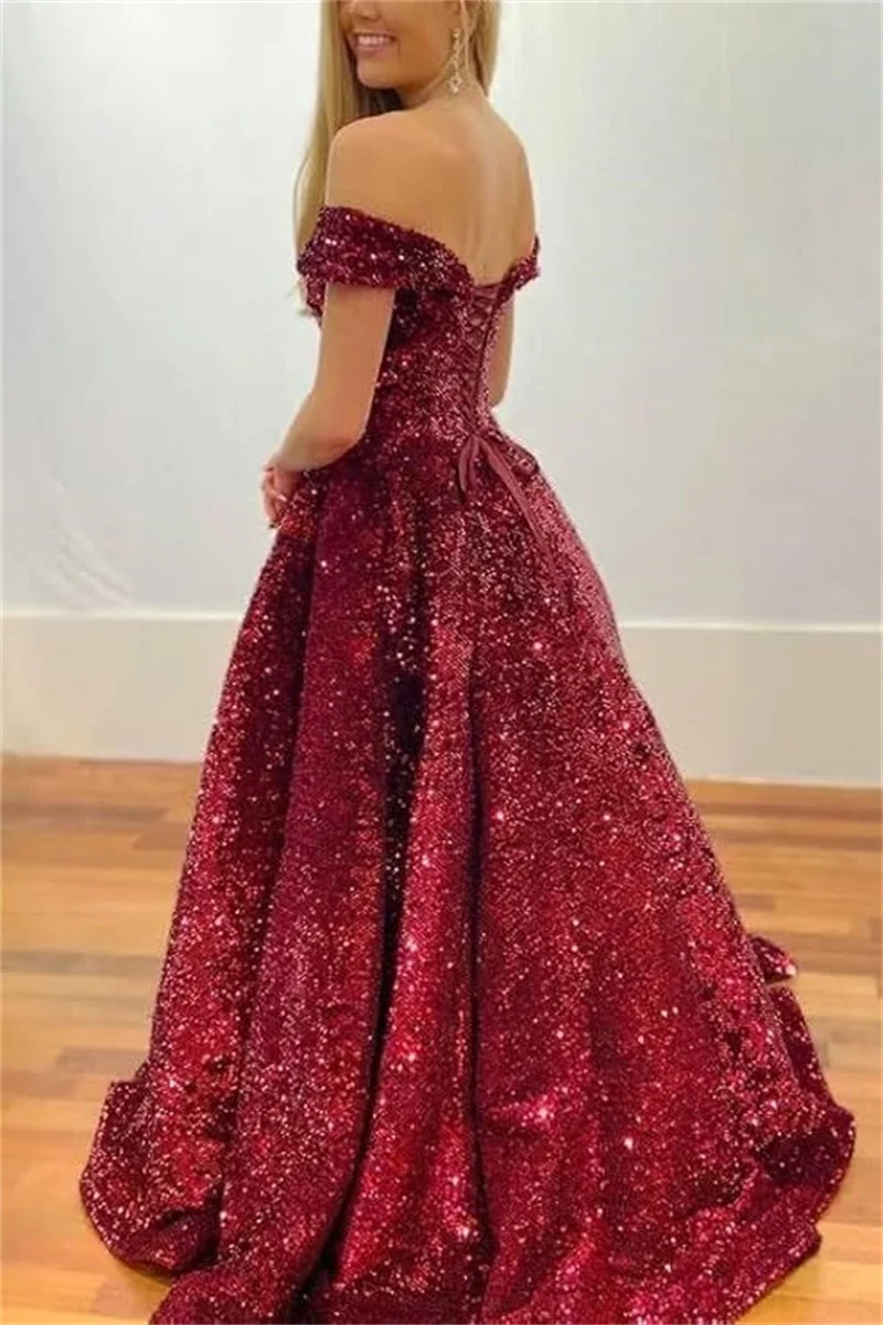 Customized Off Shoulder Sequin Prom Dresses for Teens Plus Size Ball Gown Sparkly Quinceanera Dresses Formal Evening Gowns image 5