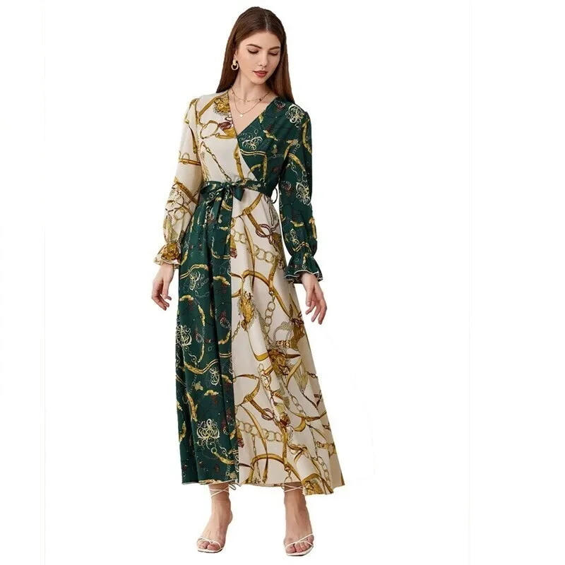 ZTY-39 women's dress 2023 autumn and winter long skirt V-neck long sleeved color blocked printed A-line skirt