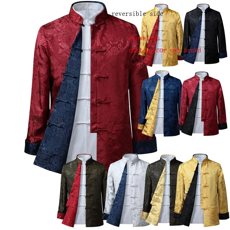 

ecowalson reversible Tang Suit Chinese Jacket Collar Traditional Chinese Clothing for Men Silk Kungfu Cheongsam Top Hanfu Men