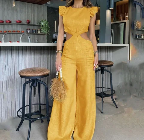 

Women's Summer New Fashion Solid Color Temperament Round Neck Ruffled Sleeveless Trousers Hollowed Out Waist Zipper Top Jumpsuit