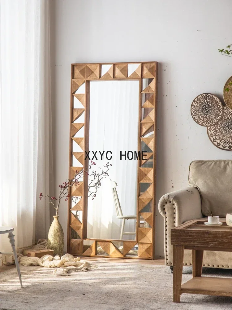 مرآة كاملة الطول بخياطة الماس، مرآة أرضية من الخشب الصلب، مرآة مناسبة لمتجر الملابس المنزلية