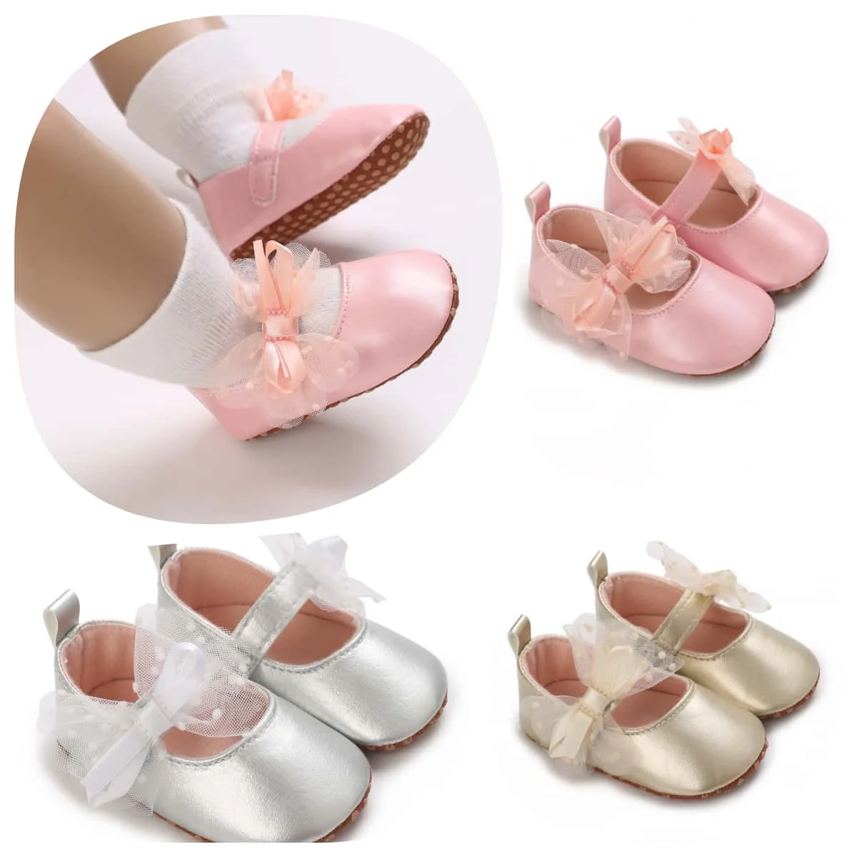 

​​"Baby Girl First Shoes 0-18M - Bow Detail Mary Janes | Princess Soft Walkers"​​