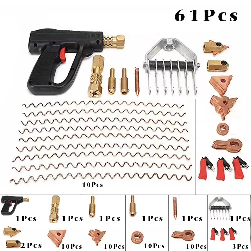 

61Pcs Stud Welding Kit Accessories Straight Twisted Dent Pulling Rings Hook Washer Round Star Pad Uni Spotter Starter Kit