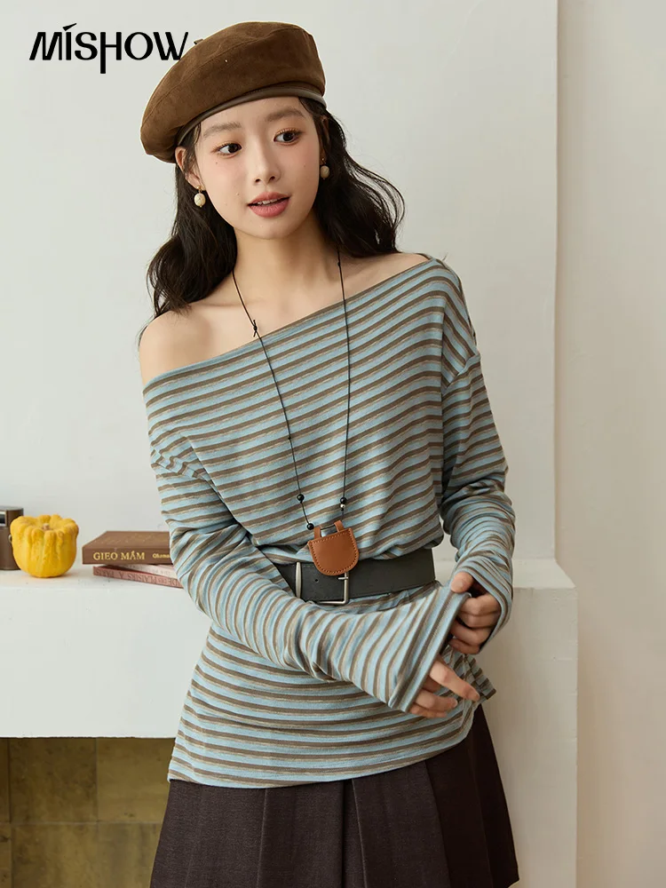 

MISHOW T-shirt for Women Blue Coffee Striped Slanted Neck One Shoulder Collar Autumn Streetwear Elastic Cotton Tees MXE45T1381