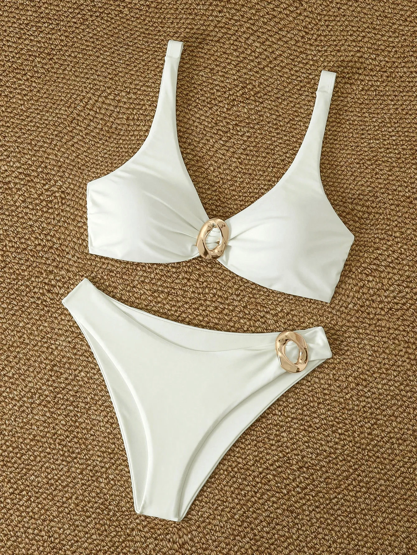 Gtpdpllt White Bikini Set Women Metal Buckle Pleate Push Up Bra Thong Swimwear Summer Bathing Suit Holiday Swimsuit Biquini