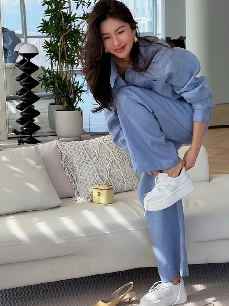 Summer Women Long Sleeve Shirt Wide Leg Pants Two Piece Set Office Lady Cotton Linen Work Outfits Comfortable Matching Suit Sets