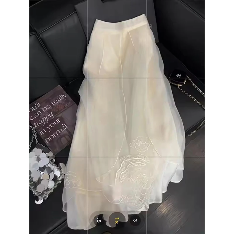 Vintage Tulle Midi Skirt Women Elegant Embroidery Mesh Pleated Skirts Summer Korean Aesthetic Design High Waist A Line Skirt New