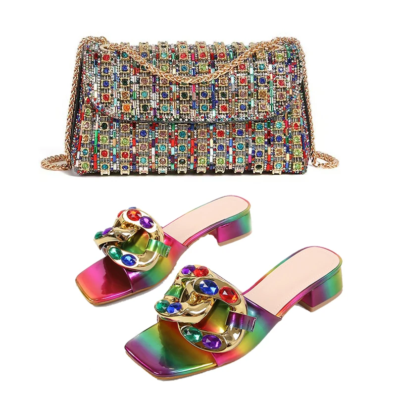 New Plus Size Sandals For Women With Colorful Metal Rhinestone Square Toe High-heeled Shoes Colorful Rhinestone Dinner Bag Set