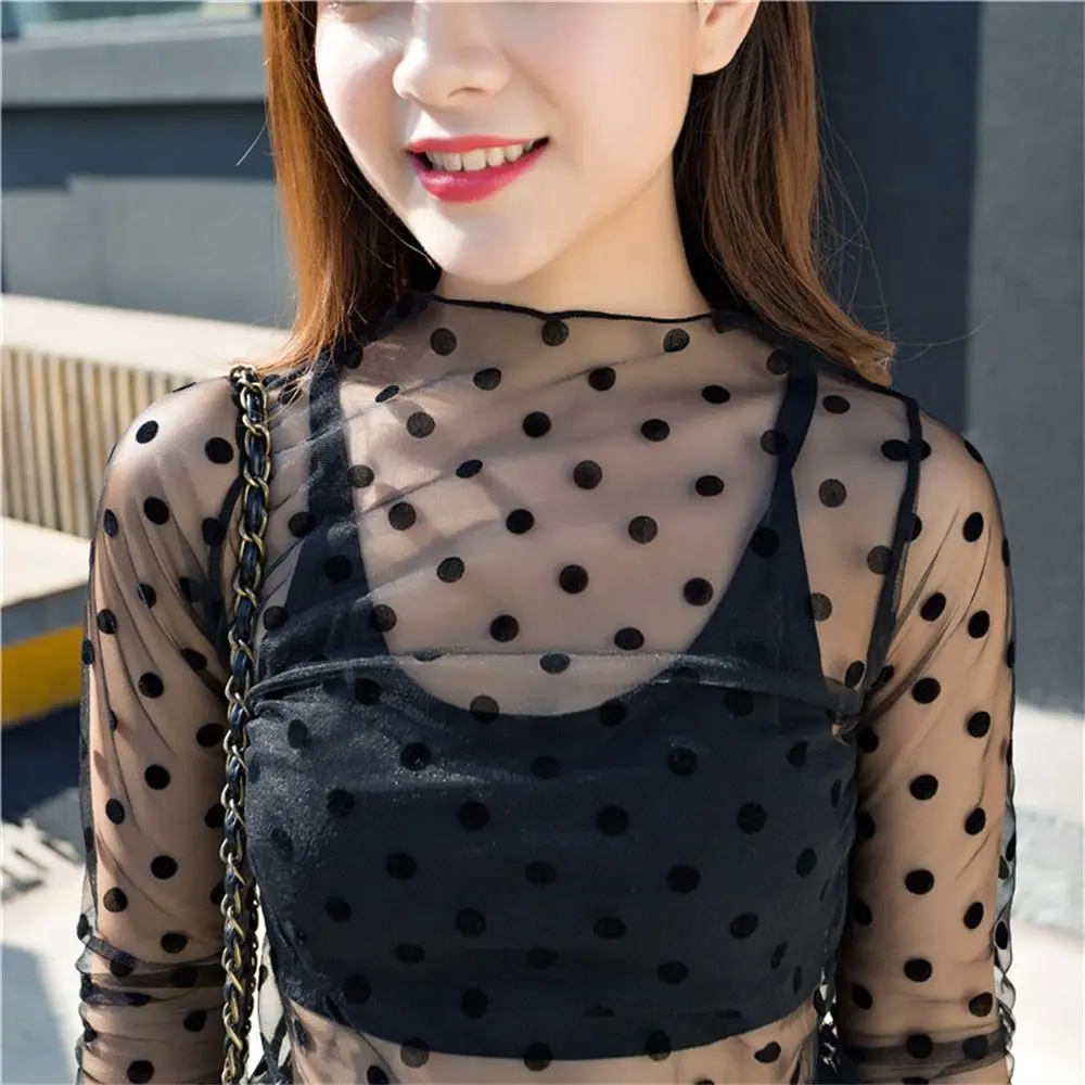Fashion See-Through Lace T Shirt Long Sleeve Mesh Fishnet Mesh Ladies Tops Blouses Turtleneck Transparent T-shirt Women Girls