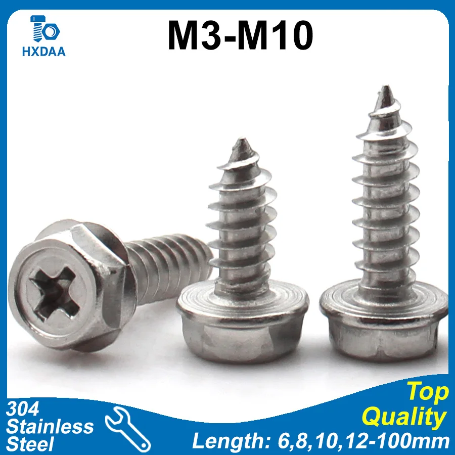 2-30pcs M3 M4 M5 M6 M8 M10 304 Stainless Steel Phillips Hex Head Flanged Self-Tapping Screw Cross Smooth Bearing Surface