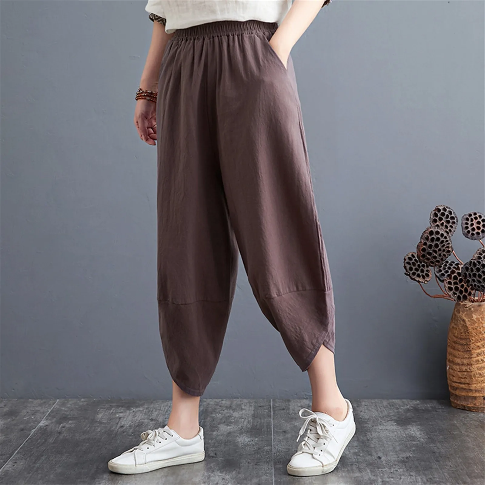 

Women Harem Pants Elastic Waist Cotton Linen Capris Pants Female Mom Solid Color Loose Casual Ankle Length Pants For Women