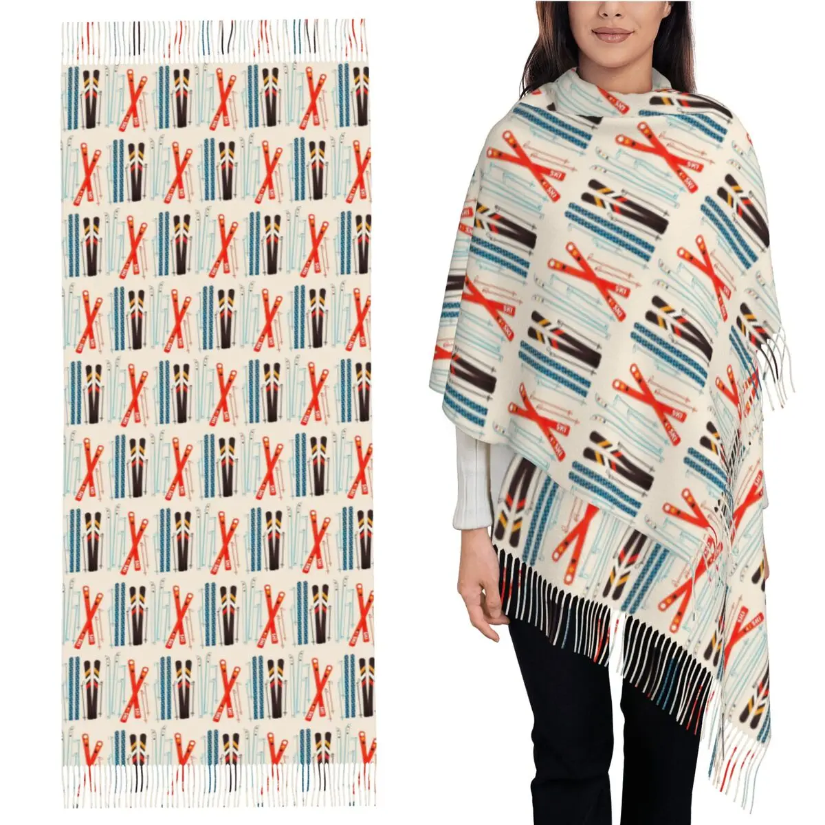 

Красочный лыжный шарф в стиле ретро с иллюстрациями, шарфы с кисточками, женские мягкие теплые шали и накидки, большая осенне-зимняя шаль