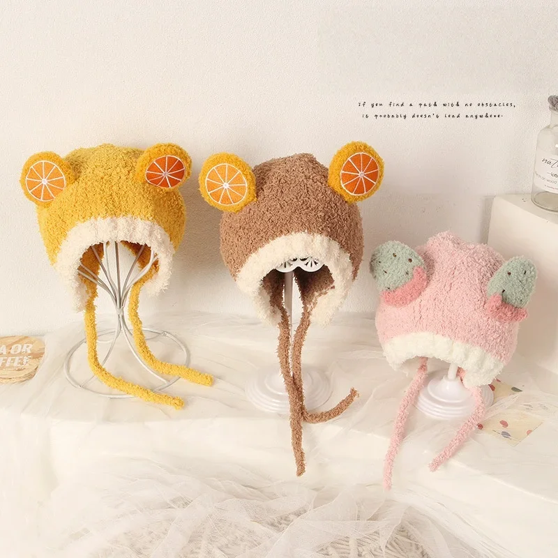 

Kids Girls Boys 3D Fruit Warm Hat Children's Plush Ear Flap Hat Winter Spring Warm Beanie Baby Cute Fruit Soft Outdoor Headwear