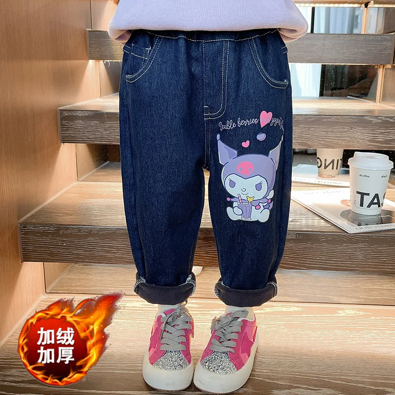 

Kawaii Sanrios Kuromi Girls Plus Velvet Jeans Anime Cartoon Autumn Winter Children Clothing Kids Casual Pants Keep Warm Trousers