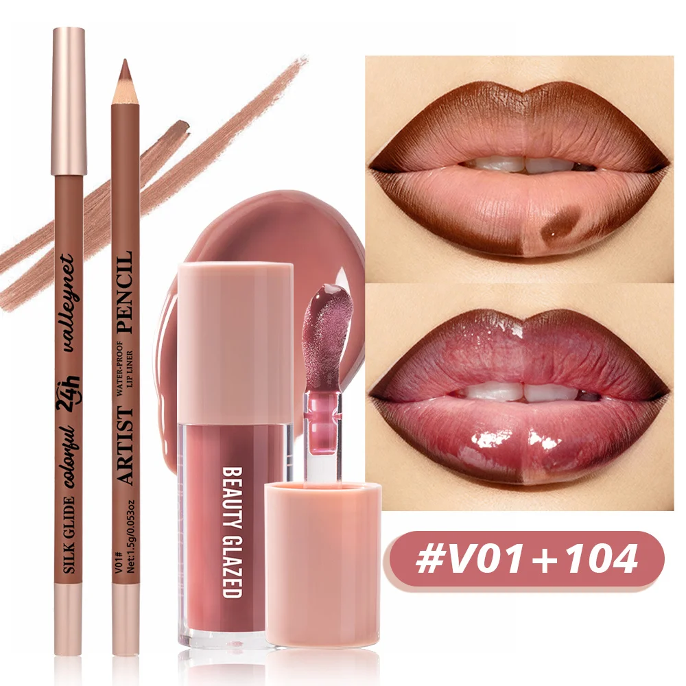 طقم مكياج شفاه مكون من قطعتين/مجموعة - محدد شفاه - ملمع شفاه - مجموعة مكياج شفاه طبيعي مقاوم للماء يدوم طويلاً #1