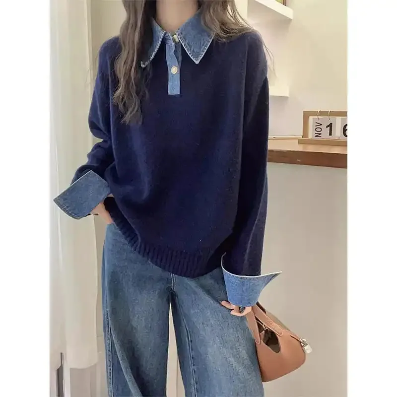 

Autumn Winter New Women Fashion Denim Patchwork Polo Sweater Lady Korean Loose Knit Pullover Tops Trendy Knitwear Female