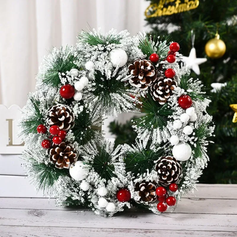 32cm Front Door Christmas Wreath With Christmas Pine Cone Pine Needle Snow Christmas Garland Hanging Wreath Decoration Ornament