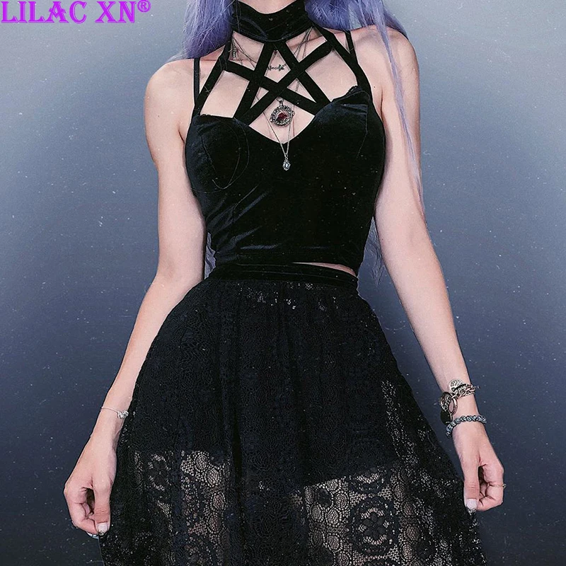 Sexy Lace Up Black Velvet Camis Gothic Aesthetic Halter Hollow Out Corcet Crop Tops for Women Y2K Bodycon Tank Top Streetwear