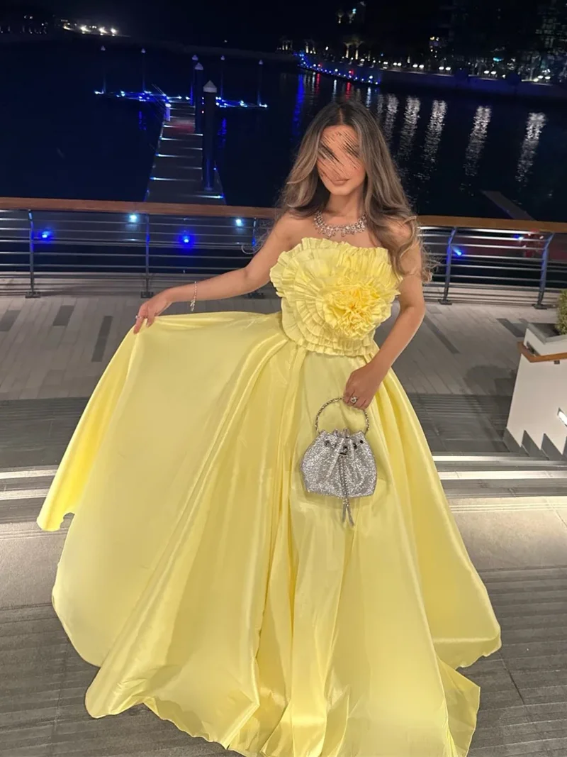 Prom Dresses Elegant Fashion Strapless Floor Length A-line Sleeveless Ruched Flower Formal Evening Gowns فساتين سهرة vestido