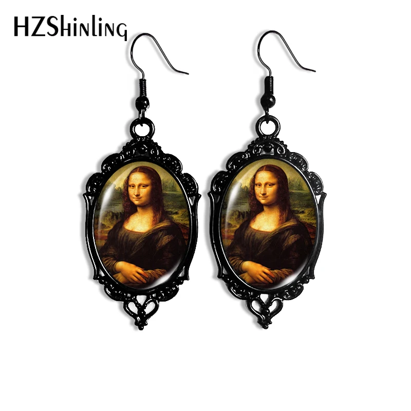 2024 New Mona Lisa Painting Dangle Earring Black Lace Earrings Oval Glass Photo Jewelry Gifts Party