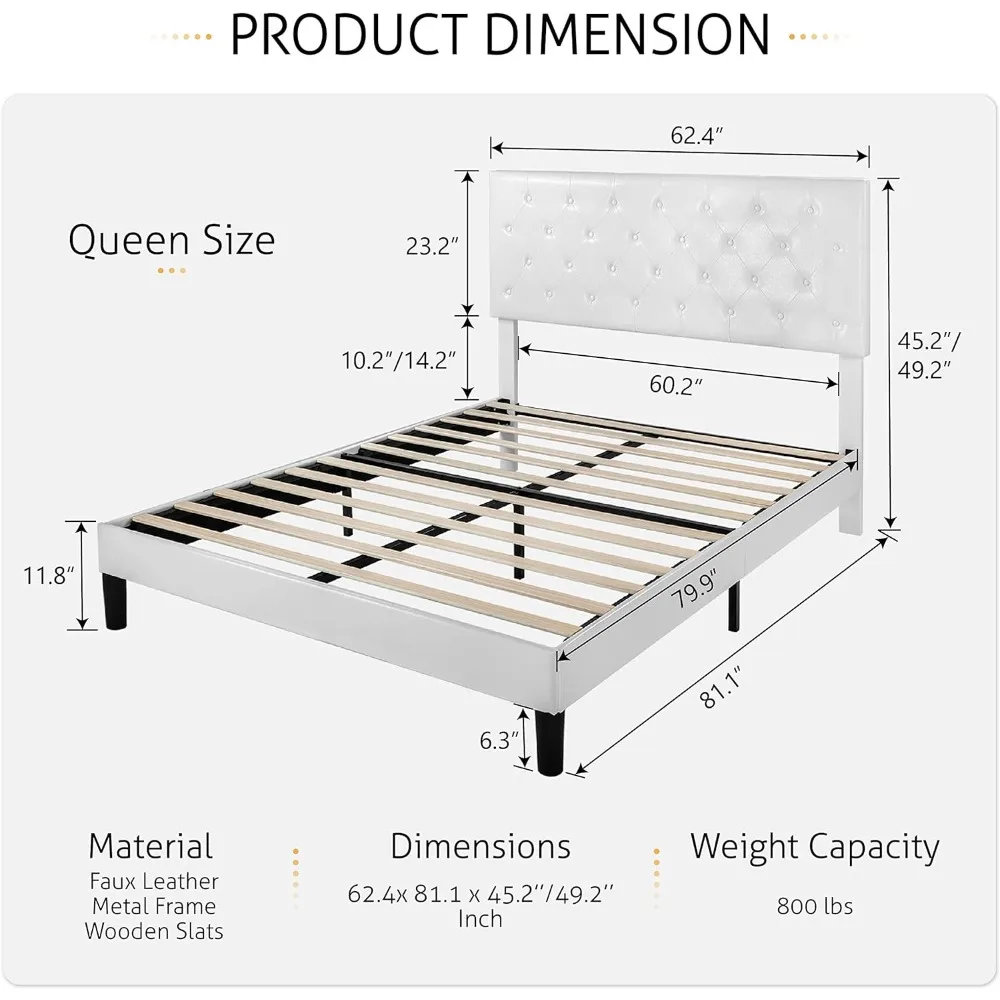 Queen Size Bed Frame with Button Tufted Headboard, Faux Leather Upholstered Mattress Foundation, Platform Bed Frame