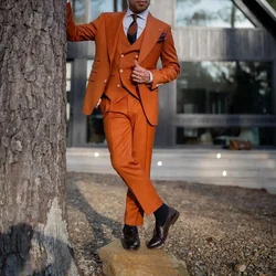 Fashion Orange Men Suits Single Breasted Peaked Lapel Regular Length 3 Piece Jacket Pants Vest Outfit High Quality Male Clothing