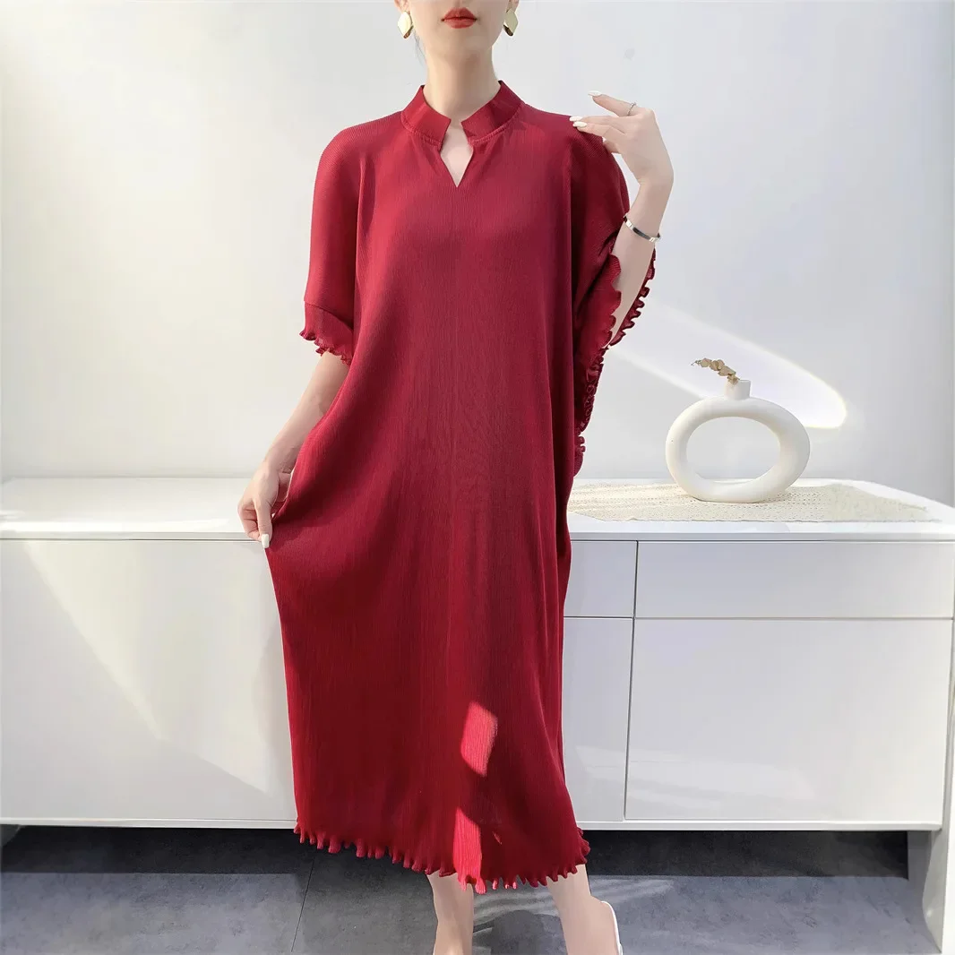 YUDX Toothpick Pleated Women's Dresses Mid-length Loose Plus Size Short-sleeved Slim Solid Color Design Dresses 2024 Fall New