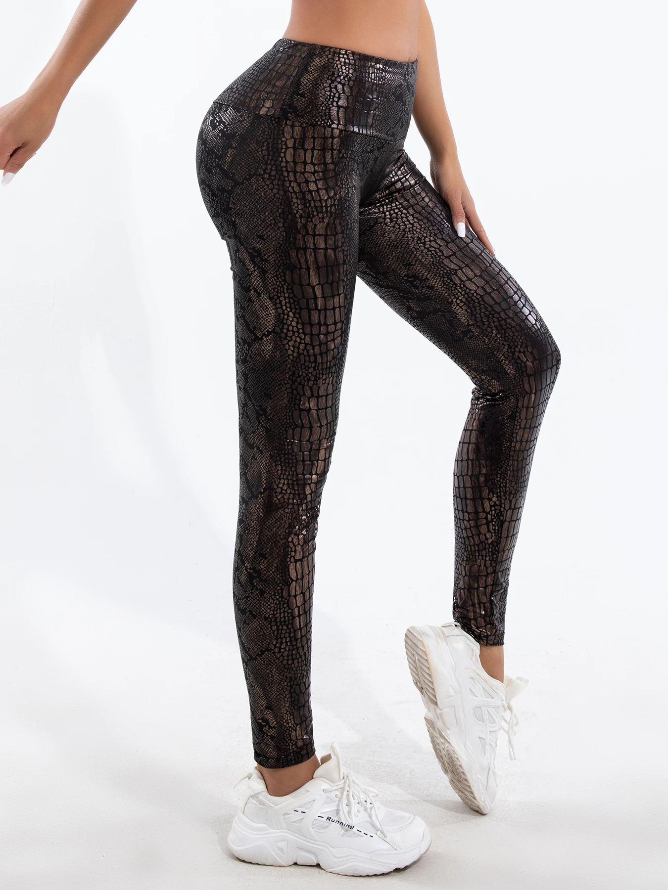 New High Waist Hot Gold Snake Print Leggings High Stretch Tight Nine-point Pants Women Waist Brown Snake Print Small Feet Pants