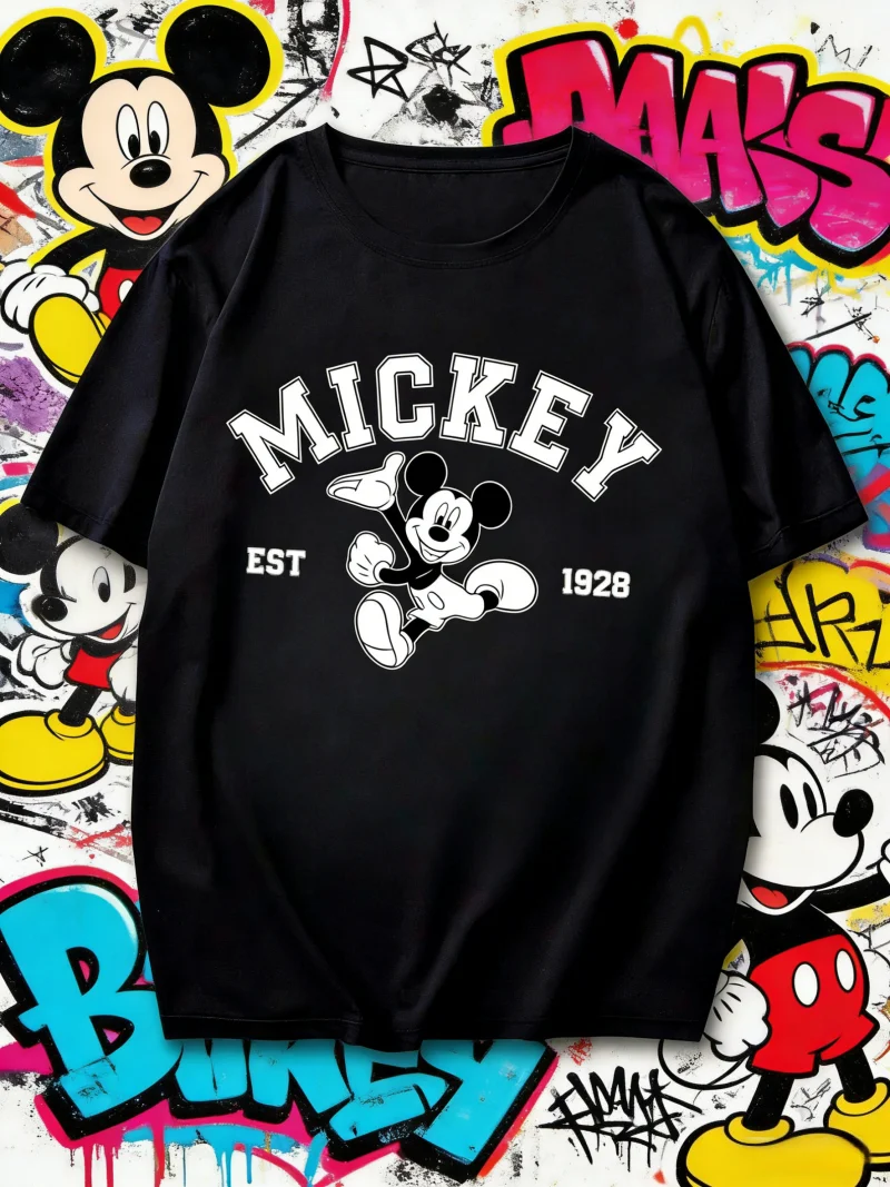 

2025 Disney Mickey Mouse Cartoon Print Short Sleeve T-Shirt for Men Summer Oversized Family 100% Pure Cotton Printed T-shirt
