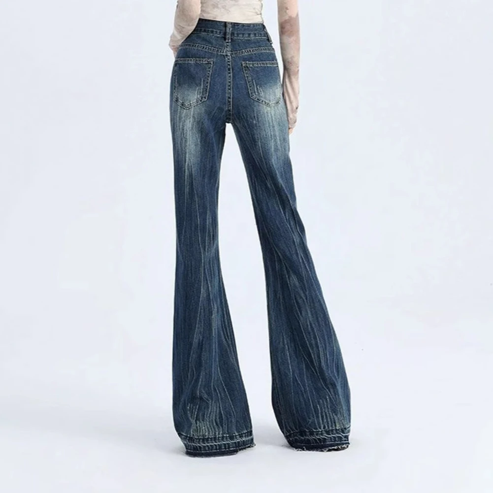 カジュアルお出かけブルーフレアパンツ快適なハイウエストパンツ快適なズボンロング丈パンツわずかにフレアカット