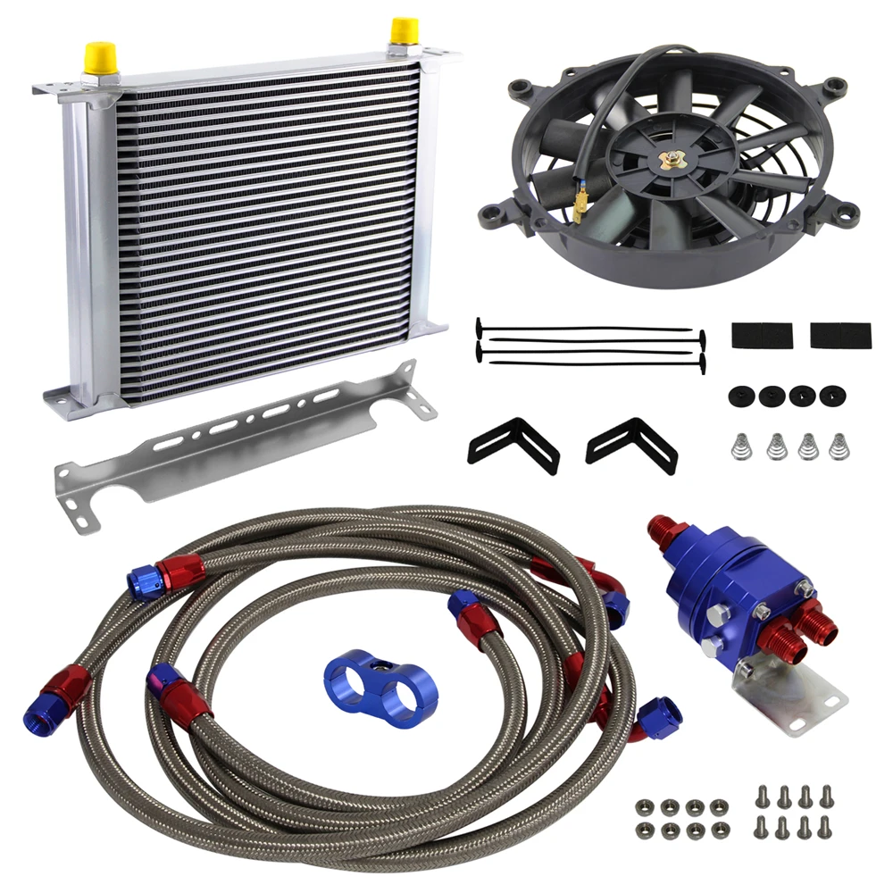 Universal 30 Row 8AN Aluminum Engine Oil Cooler Mount Kit with High Speed Fan 12V 2900 RPM