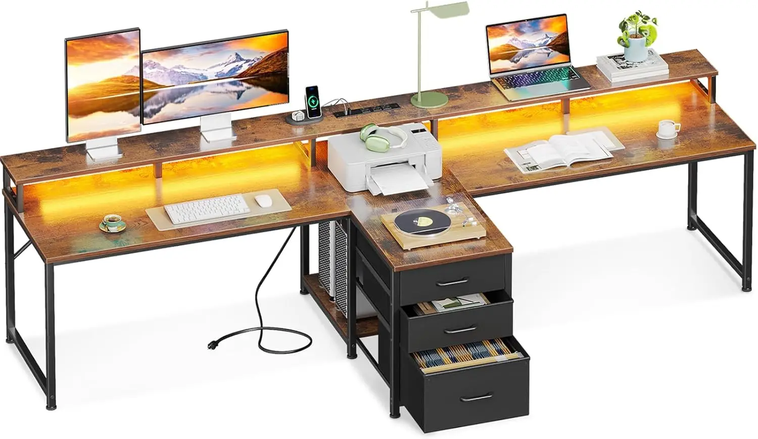 

94 Inch 2 Person Home Office Computer Desk with Power Outlet & LED Light, Fabric Drawers & File Cabinet, Long Writing Desk