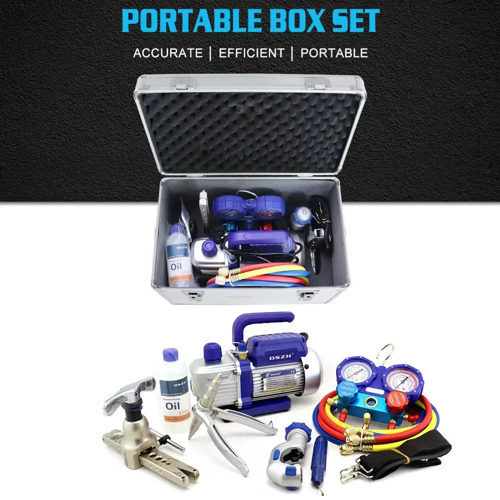 WK-7P Portable Box Set Mini Vacuum Pump Charging Hose Expanding Flaring Tools 2-valve Manifold Gauge Aluminum Cutter HVAC
