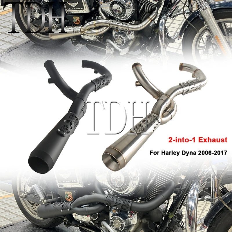 Motorcycle Drag Exhaust Stainless 2-1 Exhaust System For Harley Dyna W/ Mid-Controls Forward Controls Wide Super Glide 2006-2017