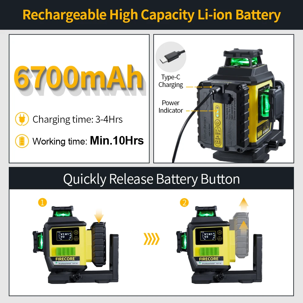 FIRECORE F95T-3G 12 Ligne 3D Vert Laser Niveau 360 6700mAh Eddie ion Batterie Auto-dropping Nivel láser Intégré L-Magnétique invite ket
