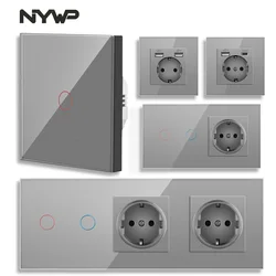 16A Wall Power Socket Europe Russia Spain Germany White Black Grey Crystal Glass Panel Home Improvement 86*86mm